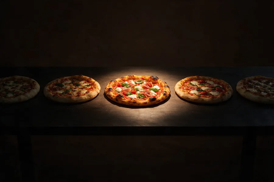 Eine Pizza sticht im Spotlight aus einer Reihe blasser Pizzen hervor