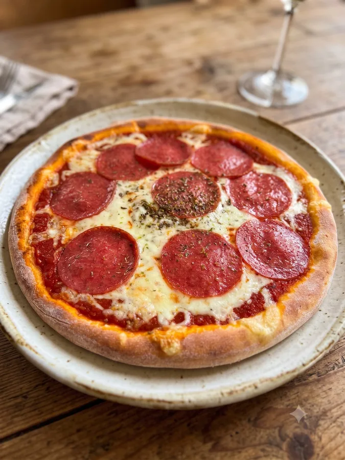 Fertig gebackene Salami-Pizza, serviert am Teller