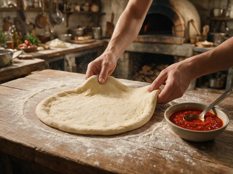 Teigling wird von Hand ausgebreitet