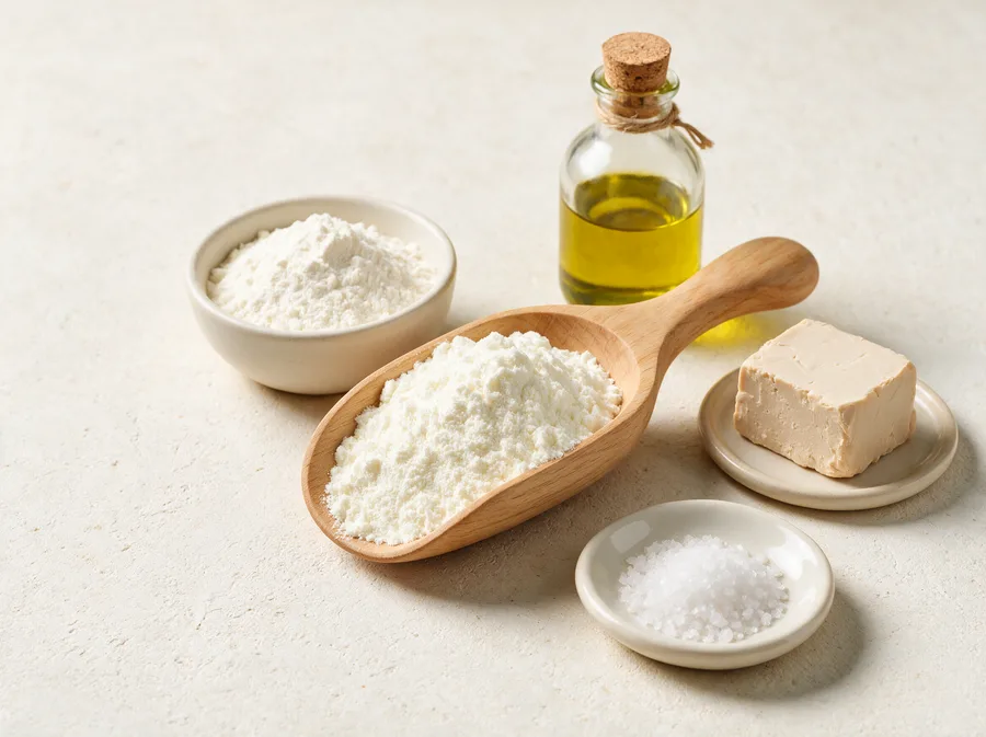 Zutaten des Teigs: Molkeneiweiß (Whey), Mehl, Olivenöl, Hefe und Salz